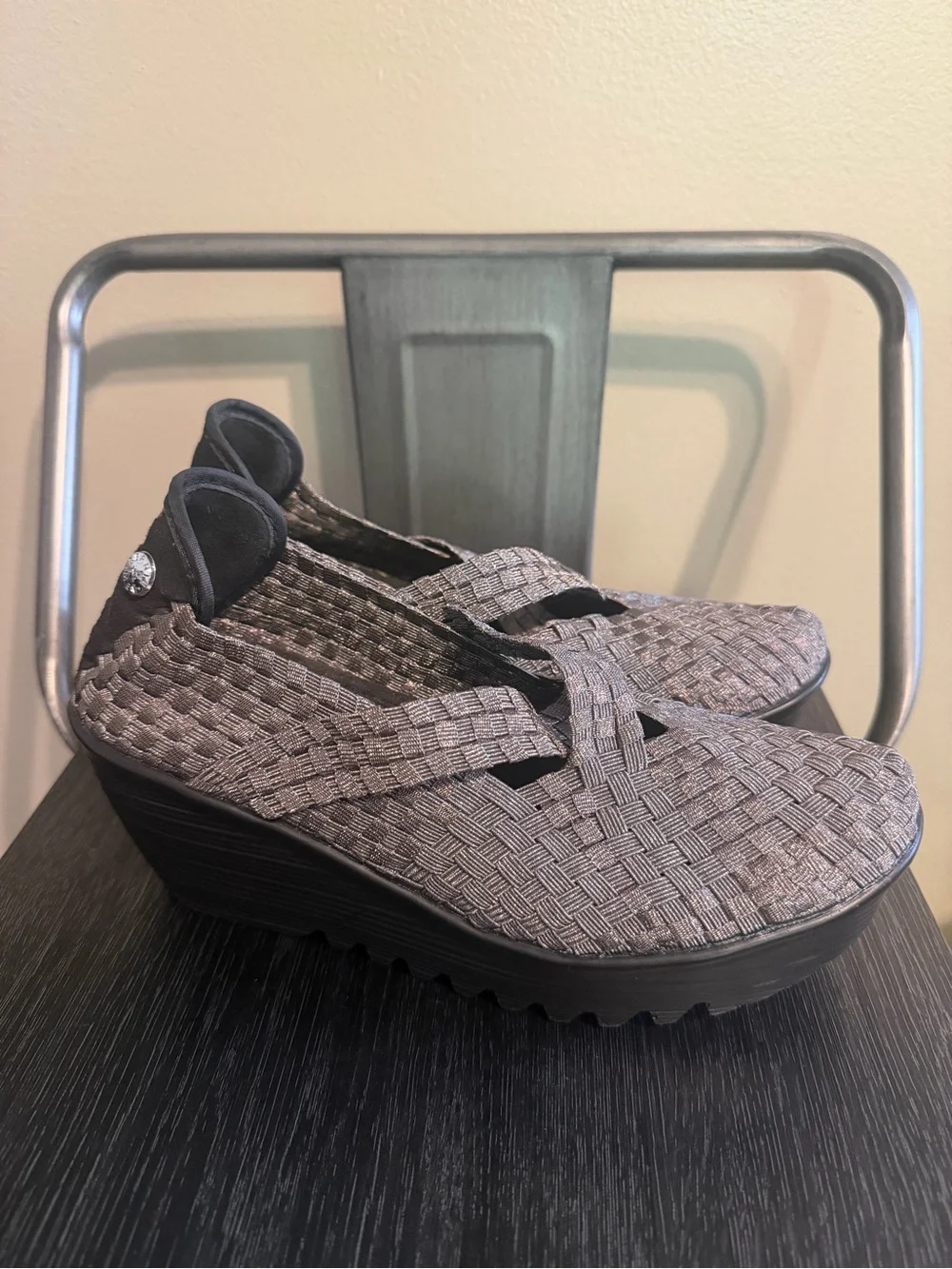 Bernie Mev Pewter Metallic Woven Mary Jane Wedge Shoes Size 38